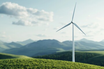 Wind turbine on a green hill with mountains in the background. Concept of green energy, renewable energy, and sustainability.
