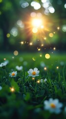 Obraz premium Magical Sunlit Daisy Field with Sparkling Light Effects in Tranquil Nature Setting