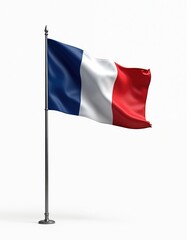 France national flag waving on white background. French symbol with blue white red colors on flagpole. Patriotism, national pride, independence concept. Isolated satin textile banner design.