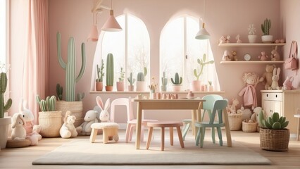 A minimalist children's playroom with a white round table surrounded by four white chairs