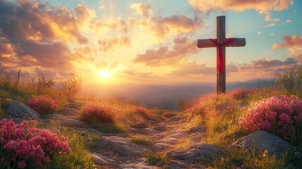 easter love and sacrifice wooden cross with red cloth and rays of light on sky background