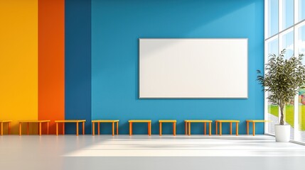 Bright Colorful Workspace With Orange Tables And Blue Walls, Inviting Atmosphere For Zoom Background In Online Presentations