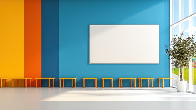 Bright Colorful Workspace With Orange Tables And Blue Walls, Inviting Atmosphere For Zoom Background In Online Presentations