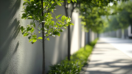 Obraz premium Sunlit Urban Street with Young Trees and Grey Wall