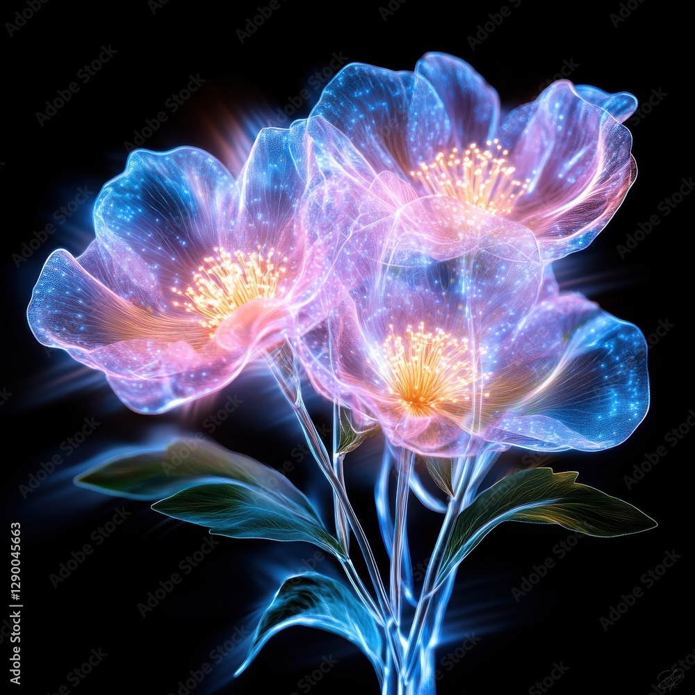Poster stunning and ethereal floral composition with delicate transparent petals glowing in vibrant iridesc