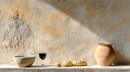 Sunlit Still Life Bread, Wine and Pottery on Beige Wall