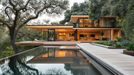 Modern house with infinity pool and wooded landscape.