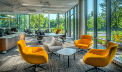 Trendy office with open windows, airy spaces and modern design, inspiring creative work and productivity