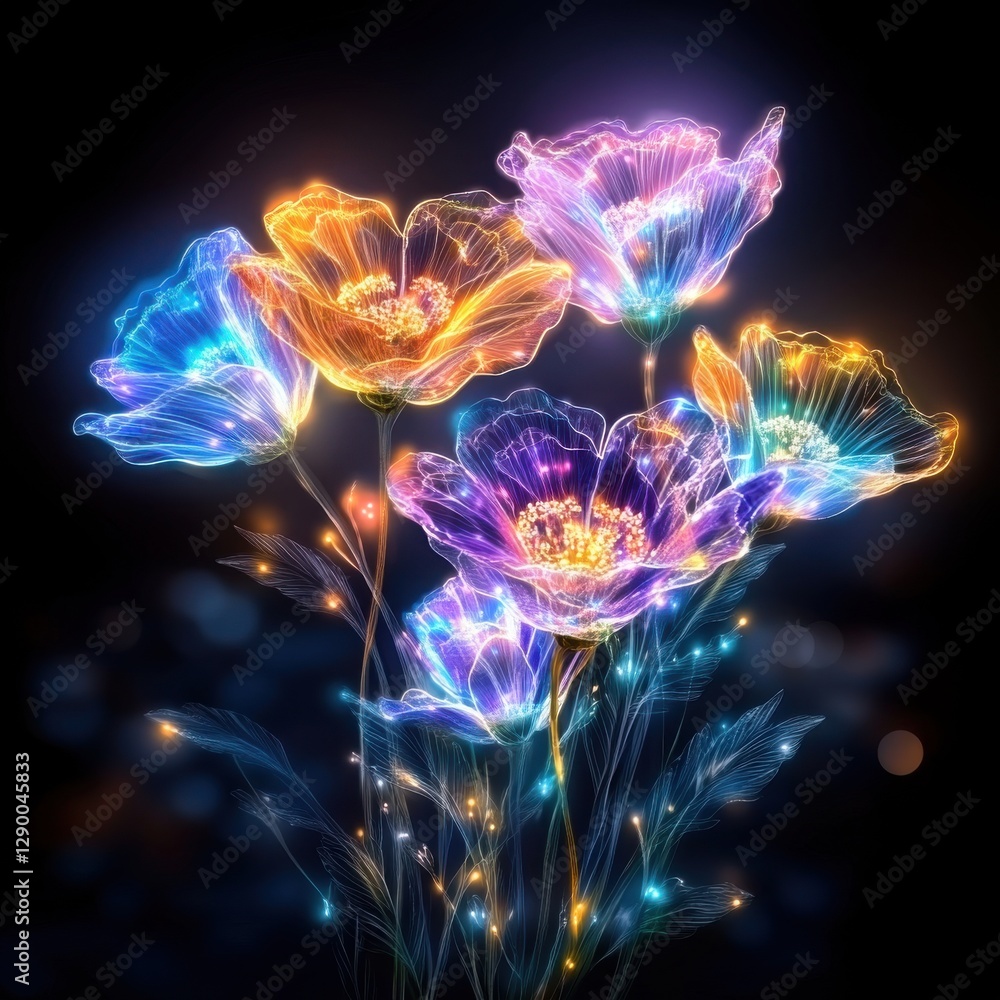 Poster mesmerizing abstract digital art featuring vibrant glowing neon flowers in a surreal fantasy like en