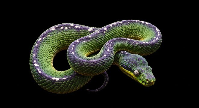 Emerald Tree Boa Coiled with Patterned Scales Isolated on Black Background