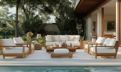 Fototapeta premium Luxurious poolside lounge area featuring teak furniture, decor and serene water views for ultimate relaxation
