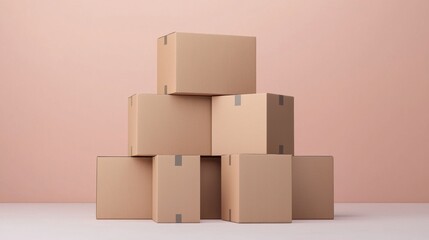 Fototapeta premium Stack of cardboard boxes on a pink background. Concept of delivery, moving, storage, and packaging.