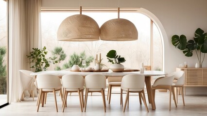 A well-lit dining room with large windows allowing natural light to ente