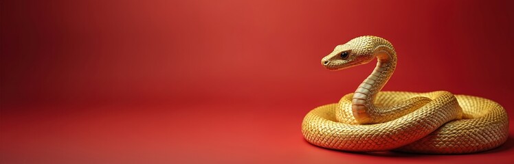 Fototapeta premium Coiled golden snake on solid red background. Chinese New Year, zodiac symbol. Prosperity, wealth concept. Perfect for festive designs, greeting cards, cultural events. Good fortune, wisdom in