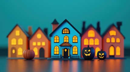 Halloween night scene with houses and pumpkins. Festive Halloween background with glowing windows and carved pumpkins.