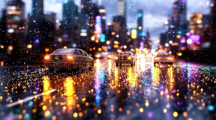 Naklejka premium Rainy night cityscape with blurred reflection of city lights on wet pavement and road Dramatic urban landscape with glowing neon lights transportation and shimmering bokeh effect