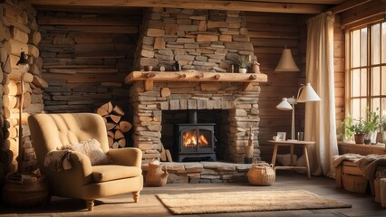 A rustic living room featuring a large stone fireplace with a wooden mantel