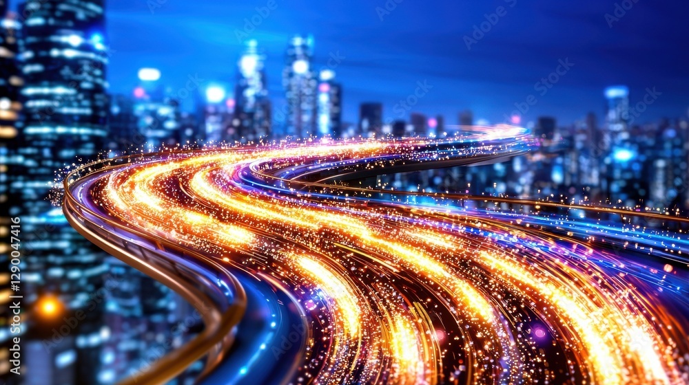 Poster captivating aerial view of a bustling metropolitan city at night with towering skyscrapers illuminat