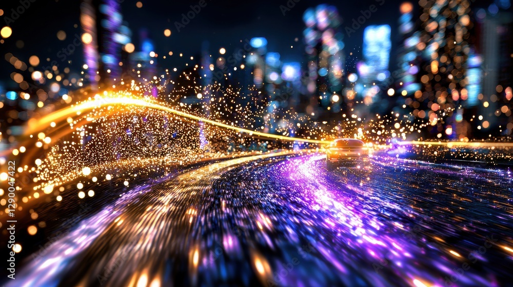 Poster captivating trails of light effortlessly weaving through the urban landscape creating a dazzling and