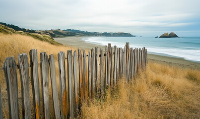 Obraz premium Weathered driftwood fence along a rugged coast, reflecting natural beauty and oceanic charm in coastal landscapes