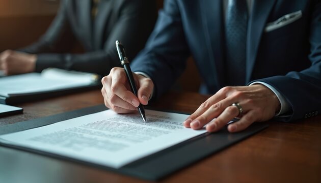 Close up shot of man signing formal agreement, sitting by desk. Businessman in suit handwrites document with pen. Paperwork at summit, conference. Successful conclusion of agreement.