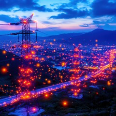 Breathtaking aerial view of a sprawling metropolitan city at night with a stunning panoramic skyline illuminated by a vibrant sea of colorful lights and glittering skyscrapers against a dramatic sky