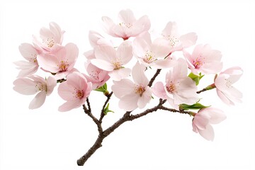Fototapeta premium Cherry blossoms spring concept. Delicate cherry blossoms in soft pink hues on a slender branch against a white background.