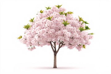 Cherry blossoms spring concept. A beautiful cherry blossom tree with vibrant pink flowers and fresh green leaves against a white background.