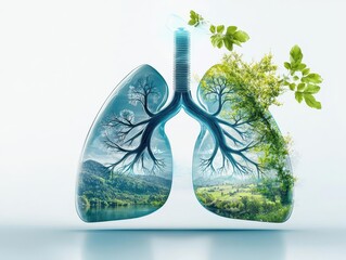 A serene landscape merging with an image of healthy lungs, symbolizing the peace and calm of recovery, respiratory health, pneumonia recovery, healing