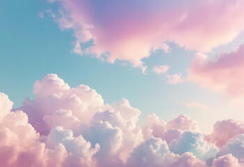 Abstract Sky background with clouds, Fantasy sky with sugar cotton pink pastel clouds in a dreamy background