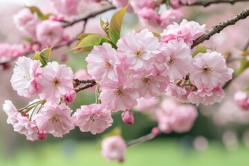 Obraz premium Cherry blossoms spring concept. Blooming pink cherry blossoms on a branch with a soft green background, capturing the essence of spring's beauty and renewal.