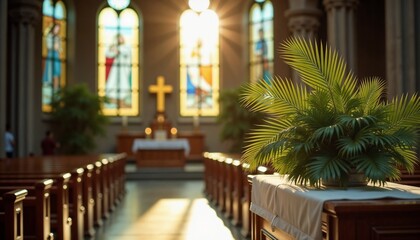 Serene church scene with altar decorated with fresh palm branches, soft light from stained-glass windows