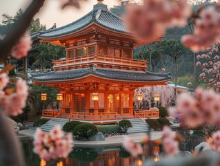 Fototapeta premium Japanese Temple with Cherry Blossoms