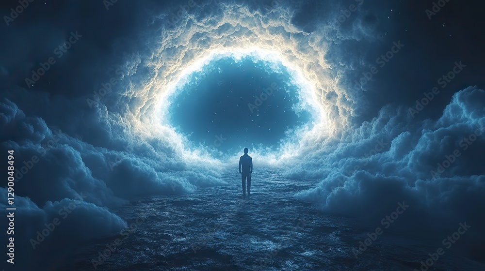 Poster gates of heaven conceptual 3d illustration of man standing in the middle of the clouds under an arch