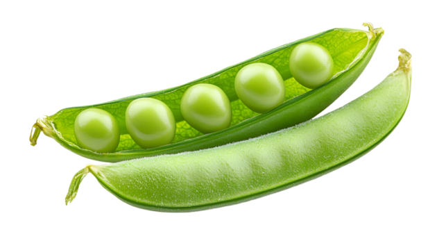 Green pod of peas with four peas inside, isolated