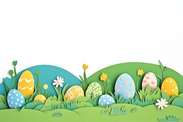 Green field with cute easter eggs illustration paper celebration.