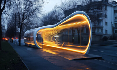 Obraz premium Minimalist transparent bus shelter with curved design, showcasing sleek architecture and urban functionality