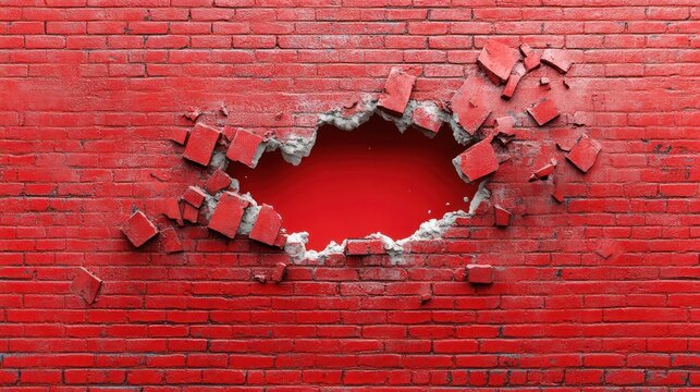 Hole in red brick wall, broken bricks.