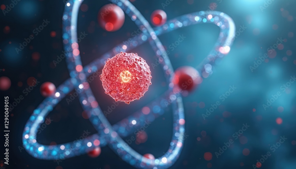Aufkleber schematic model of atom. red nucleus at center, electrons circulate around. molecular structure used