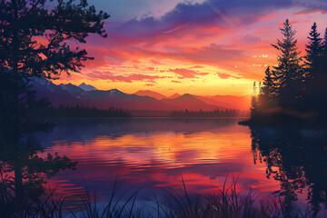 Serene Lakeside Sunset with Mountains and Silhouetted Trees Reflecting in Tranquil Water