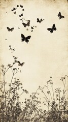 Flowers and butterflies flying in the sky silhouette vintage sepia.
