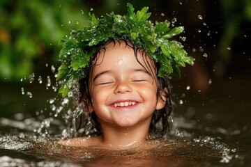Fototapeta premium Joyful Child with Leafy Crown Enjoys Nature in Refreshing Water Splash