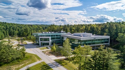 Obraz premium Modern Green Building Surrounded by Lush Trees Under Clear Blue Sky with Cloudy Skies