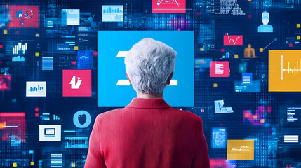 Elderly Woman Engaged with Digital Data and Technology Visualization