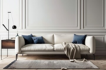 Modern living room with white sofa. blue pillows. and wooden floor