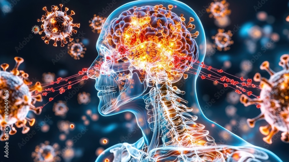 Poster microscopic 3d digital rendering of the molecular structure of the coronavirus and its interaction w