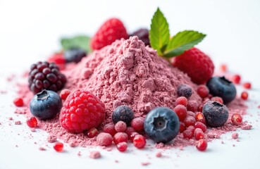 Pile of pink fruit protein powder with fresh berries. Raspberry, blueberry, blackberry around. Cranberry seeds. Healthy lifestyle concept. Dietary supplement. Berry extract additive for protein