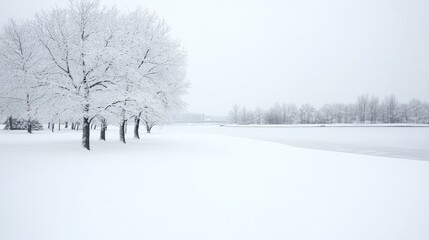 Naklejka premium Snowy park landscape with trees and frozen lake