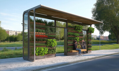 Naklejka premium Modular bus stop made from recycled materials, offering eco-friendly design and sustainable public transit solutions