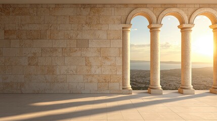 Sunset City View Through Classical Stone Arches